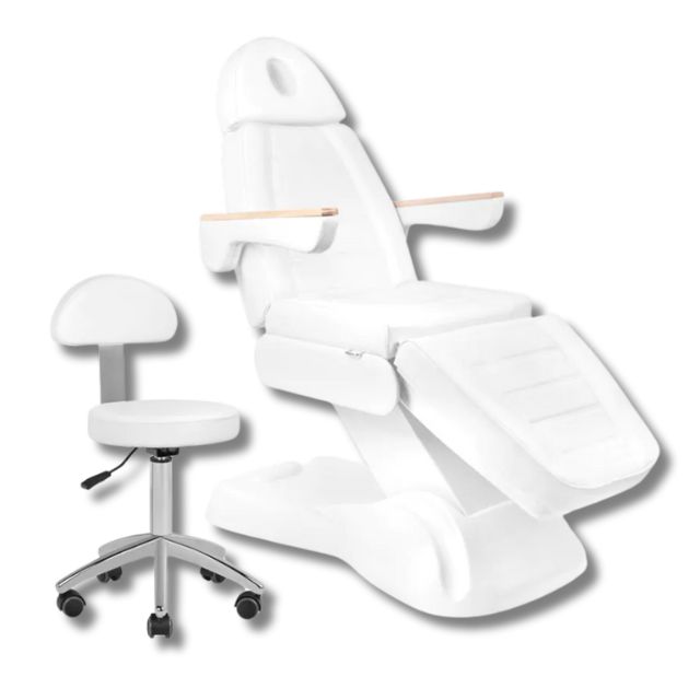 Fauteuil électrique médical et tabouret ergonomique à roulettes, réglables pour soins esthétiques et médicaux.