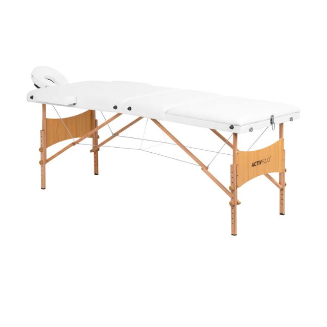 Table de massage pliante avec structure en bois naturel et segments ajustables pour un confort optimal