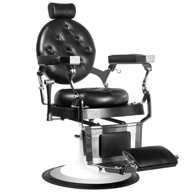 Fauteuil coiffure noir ergonomique avec repose-pied et design moderne pour barbiers et salons de coiffure.