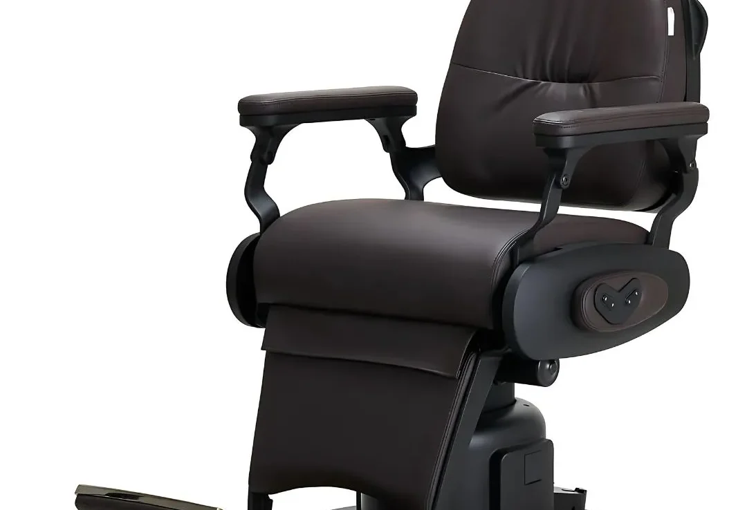 Fauteuil de coiffure marron électrique Duke, ergonomique et inclinable, idéal pour les salons de coiffure et les barbiers.