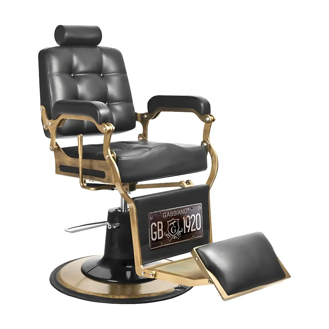 Chaise de coiffeur au design vintage, finition noire et or, idéale pour salons de coiffure haut de gamme