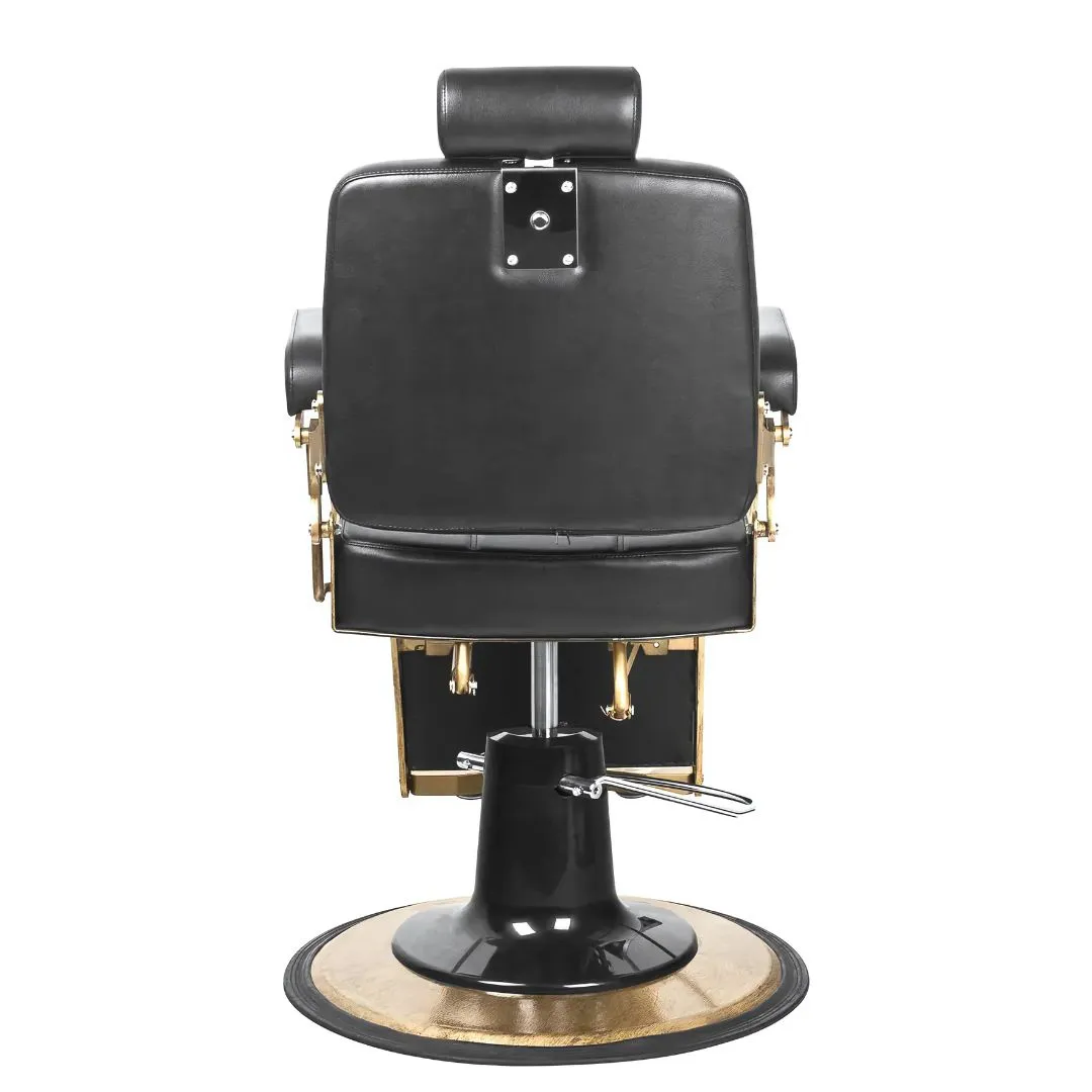 Vue arrière d'une chaise de coiffeur ergonomique avec dossier rembourré et appuie-tête ajustable.