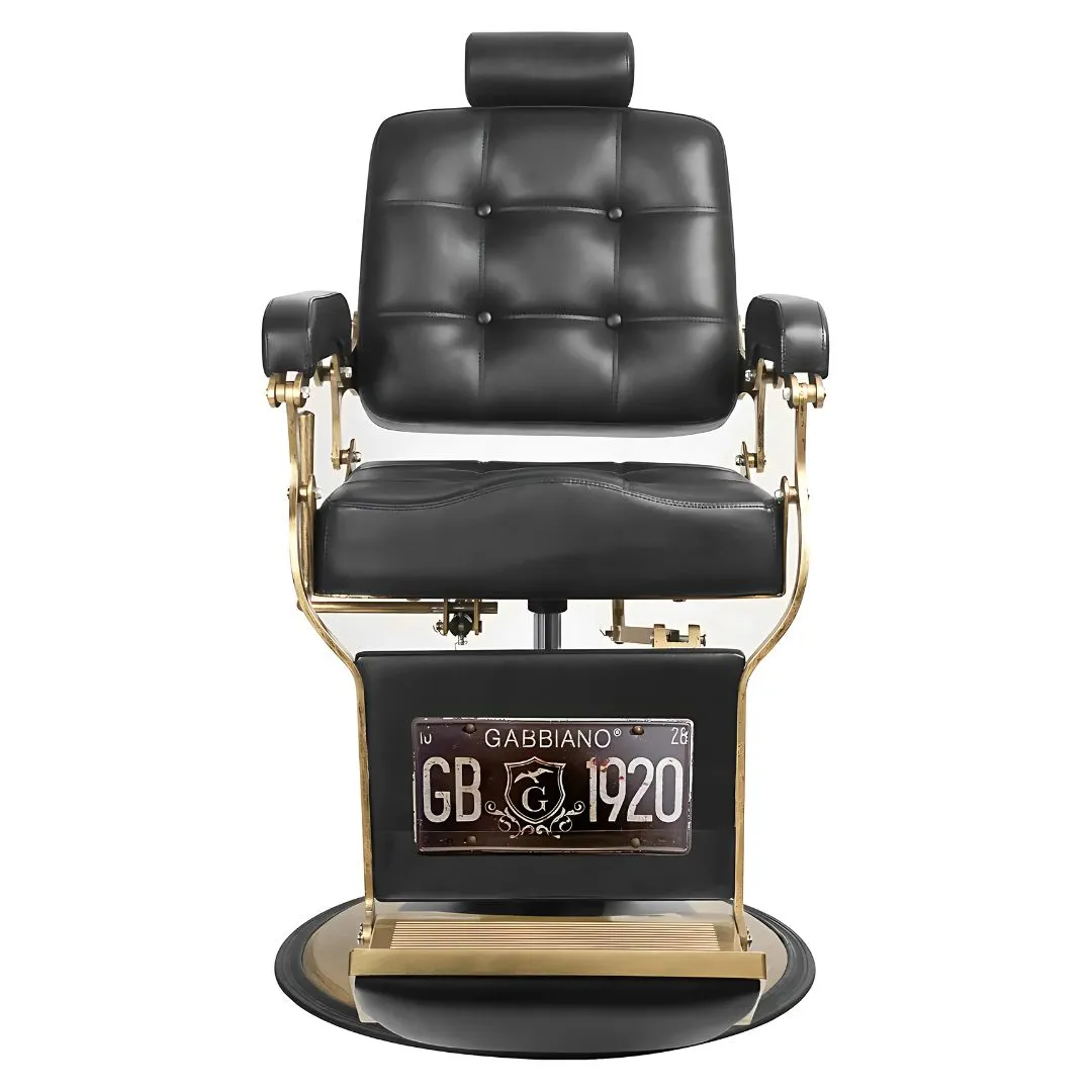 Chaise de coiffeur avec repose-pieds, dossier rembourré et structure dorée pour un salon élégant