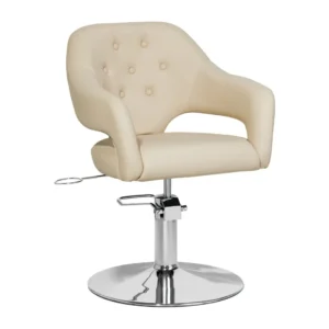 Fauteuil de coiffure Gabbiano beige avec accoudoirs élégants et base chromée, parfait siège pour salon de coiffure