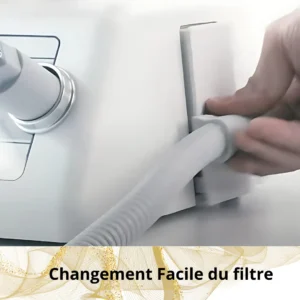 Zoom sur le remplacement facile du filtre intégré à la ponceuse pour ongles professionnel avec aspiration, pour une hygiène optimale en institut ou salon de manucure.
