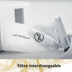 Gros plan sur le filtre antimicrobien interchangeable de la ponceuse ongle aspirante, idéal pour garantir la propreté des soins des ongles, même en usage intensif.