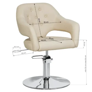 Image avec toutes les mesures de la chaise coiffeuse beige Gabbiano, siège réglable pour salon de coiffure professionnel