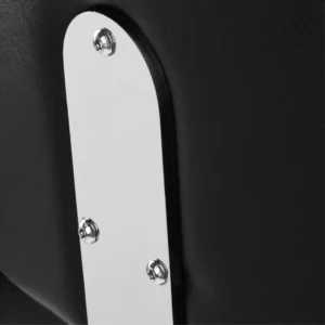 Détail des vis et fixations en métal assurant une stabilité parfaite à la chaise coiffeuse hydraulique noir.