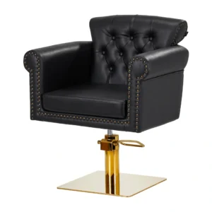Vue d’angle de la chaise coiffeuse noire hydraulique Gabbiano Berlin, finition luxe.