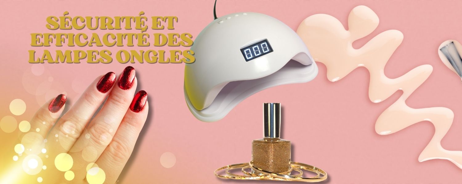 Bannière pour expliqué la sécurité et efficacité des lampes ongles. Des mains avec du vernis et une lampe ongles